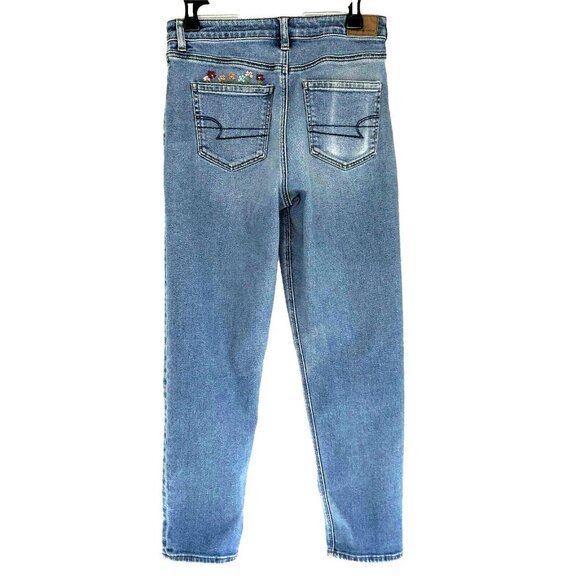 American Eagle Mom Jeans sz 4 Stretch Whiskered Embroidered Blue - Picture 6 of 12